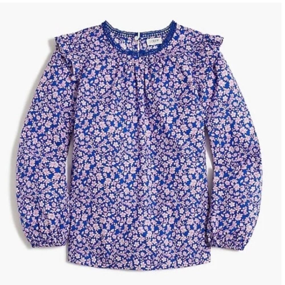J.Crew Floral Ruffle Shoulder Blouse Blue Cotton Size S Cottagecore